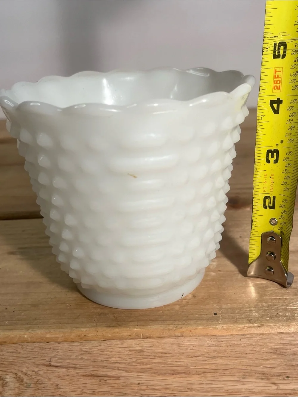 Vintage Fire King Milk Glass Hobnail & Bars Planter Vase Oven Ware 4.5” USA.